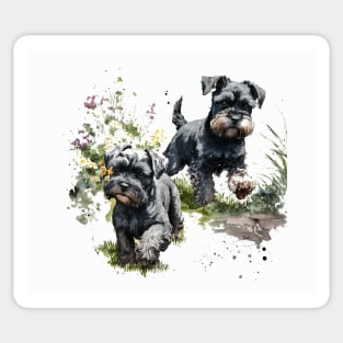 Two Black Miniature Schnauzers Playing Watercolour Painting Sticker